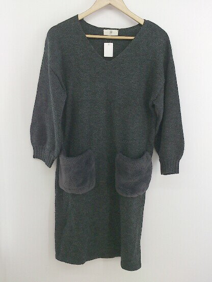 ◇ rps アールピーエス Vネック フェイクファー 長袖 ミニ ニットワンピース サイズM チャコールグレー系 レディース P 【中古】