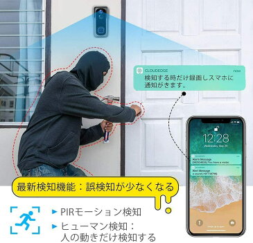 【 完全無線・人間検知 】ワイヤレス インターホン ビデオドアベル WiFi 無線 呼び出し 防犯 カメラ ヒューマン検知 HD1080P 双方向音声 166°広角 暗視機能 動体検知 IP66防水防塵 遠隔監視 32GB SDカード付き 配線工事不要