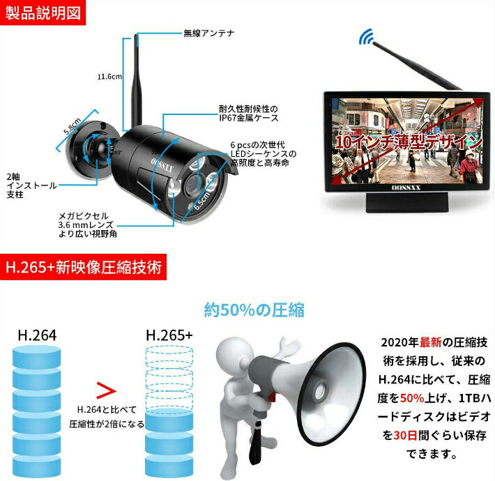 【最新wifi強化版】 10インチモニター付き ワイヤレス防犯カメラセット 4台1080P 200万画素 IP67防水防塵 モーション検知 暗視撮影 遠隔操作 OOSSXX 1TBハードディスク内蔵osx-jpi10-b10804