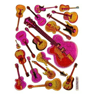 キラキラシール 楽器 ギター 濃ピンク＆金色系 《メタリックシール ごほうびシール きらきらシール》