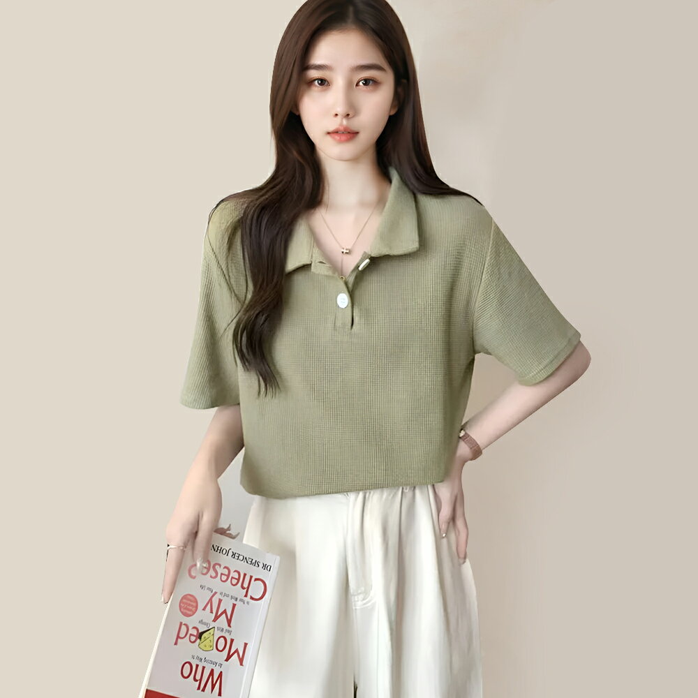 送料無料 ワッフル 半袖カラーティーシャツ カジュアル 韓国風