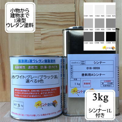 【シンナー1L付き】ウレタン塗料【3kg】ホワイト/グレー/ブラック 白 黒 DIY 建物 木 鉄 塗装 ペンキ 日塗工