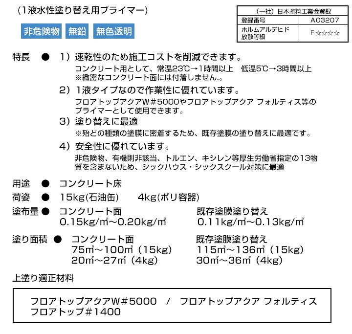 【下塗/速乾】 フロアトップアクア 水性速乾プライマー 15kg ＜透明＞ フロアトップアクアフォルティスのクリヤー系下塗り コンクリート床 水性 (1液水性塗り替え用プライマー) アトミクス