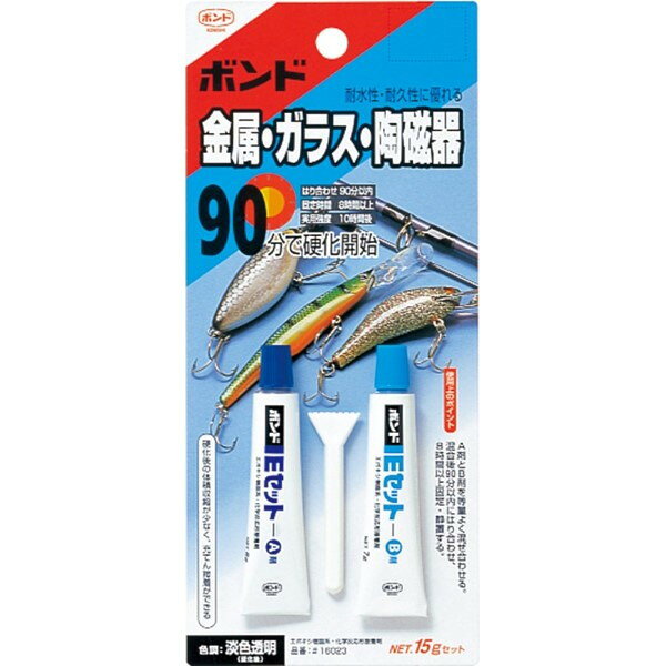製品仕様 商品名 ボンド Eセット 15g(ブリスターパック)1箱(10セット)#16023【コニシ】※在庫あり時納期10日~2週間ほど 内容量15gセット（ブリスターパック） 成分エポキシ樹脂系 ご注意事項モニターの発色の具合によって実際のものと色が異なる場合がございます。ご了承ください。 その他商品説明＜b＞用途＜／b＞・5硬化型より接着力や耐水性に優れる・スポーツ・レジャー用品の修理・陶磁器製品の補修・証明器具の部分の補修・工芸品の組立＜b＞特徴＜／b＞・充てん性・高耐久性・高耐水性・2液混合型・90分硬化開始 当店では2014年3月31日23時59分までは、販売価格を旧税率で表示しています。 出荷や発送が4月1日以降になる場合は別途増税分をご請求させていただく場合がございます。 関連商品商品詳細