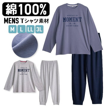 パジャマ メンズ 綿100％ 長袖 春 夏 柔らかく軽い薄手の快適Tシャツ 上下セット ロゴプリント グレー ダスティブルー M L LL 3L ルームウェア 父の日