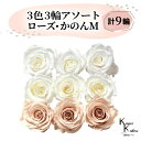 大地農園 「ローズかのんM 3色×3輪アソート 計9輪」 「ピュアホワイト アンティックホワイト シャンパンピンク」 プリザーブドフラワー バラ プリザ 花材 ...