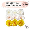 大地農園 「ローズかのんM 3色×3輪アソート 計9輪」 「ピュアホワイト ホワイトシャンパン ミモザイエロー」 プリザーブドフラワー バラ プリザ 花材 ハーバリウム おしゃれ かわいい プレゼント 贈り物 オオチノウエン