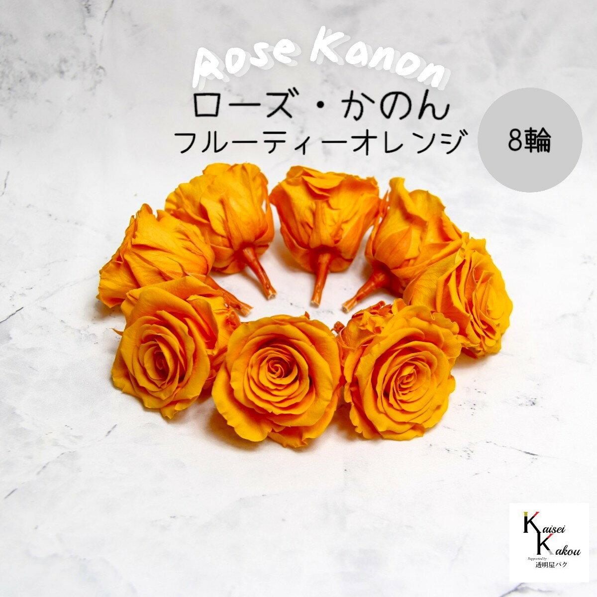 大地農園！プリザーブドフラワー 「ローズかのんL フルーティーオレンジ 8輪」プリザ 花材 ハーバリウム おしゃれ かわいい プレゼント 贈り物　オオチノウエン