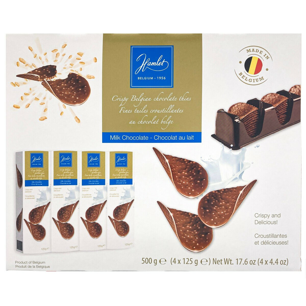 送料無料(沖縄・北海道・離島を除く)☆SDGs提携協力倉庫より発送　ハムレット ベルギー産 クリスピーチョコレート 4 x 125gCHOCOLA'S MILK 4 x 125g (北海道は1000円。沖縄・離島2000円自動加算）★SDGs提携協力倉庫より発送