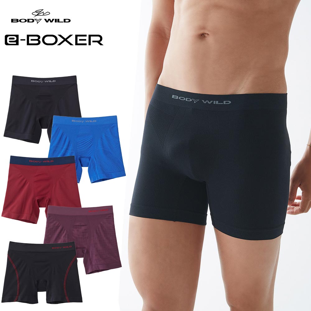 グンゼ ボディワイルド e-BOXER 裾丈長め メンズ セミロング ボクサーパンツ 前とじ パンツ GUNZE BODY WILD eボクサー 男性 下着 ブラック ボルドー ロイヤルブルー パープル