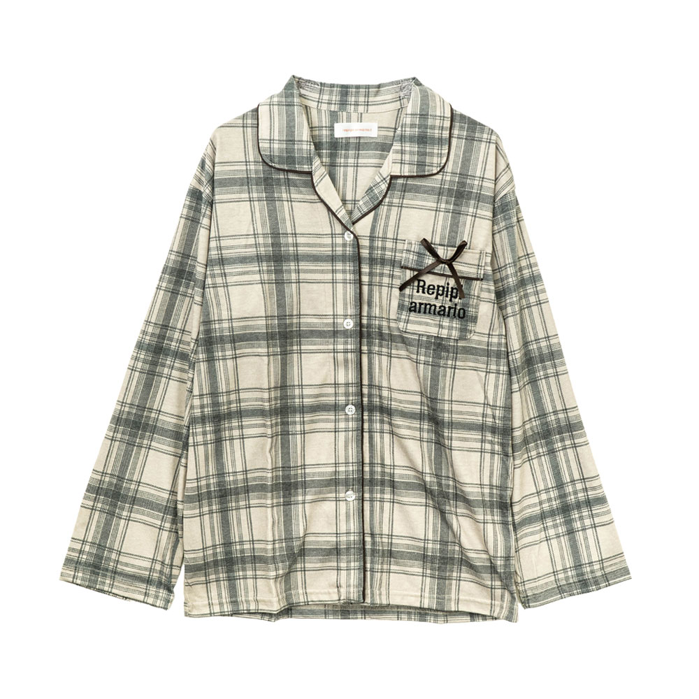 repipi armario(レピピアルマリオ) キッズ天竺長袖シャツ格子柄 寝具 寝巻 パジャマ ルームウェア ナイトウェア 上下セット 長袖 長ズボン 前ボタン チェック柄 リボン 10代 小学生 中学生 修学旅行 林間学校 お泊り会 女児 子供 ガールズ ジュニア 女の子 女子 【202509】 2