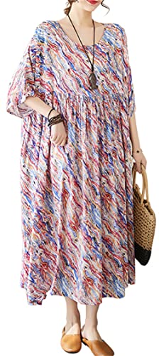 [ZHENGTU] レディース ワンピース 半袖 丸首 ゆったり ロングワンピース 綿麻 花柄 エスニック マキシ..