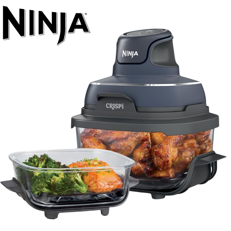 Ninja Crispi ニンジャ クリスピ 4-in-1 ポータブル ガラス エアフライヤー 1500W 4QT＆6カップ容器付き ノンフライ調理器 タイマー 温度調整 FN101GY ネイビー　Ninja Crispi 4-in-1 Portable Glass Air Fryer ヘルシー エアフライヤー調理 小型 耐熱ガラス