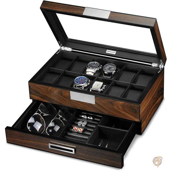 Lifomenz Co 木製時計ボックス メンズ 時計ジュエリーボックス オーガナイザー バレット引き出し付き 12スロット 時計ディスプレイケースホルダー 大型時計