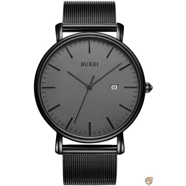 BUREIメンズ腕時計ファッショナブルミニマリスト腕時計超薄型通勤ブラックグレーネットベルト石英防水時計誕生日プレゼントA 送料無料