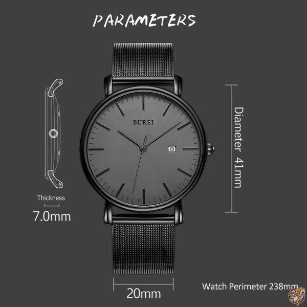 BUREIメンズ腕時計ファッショナブルミニマリスト腕時計超薄型通勤ブラックグレーネットベルト石英防水時計誕生日プレゼントA 送料無料