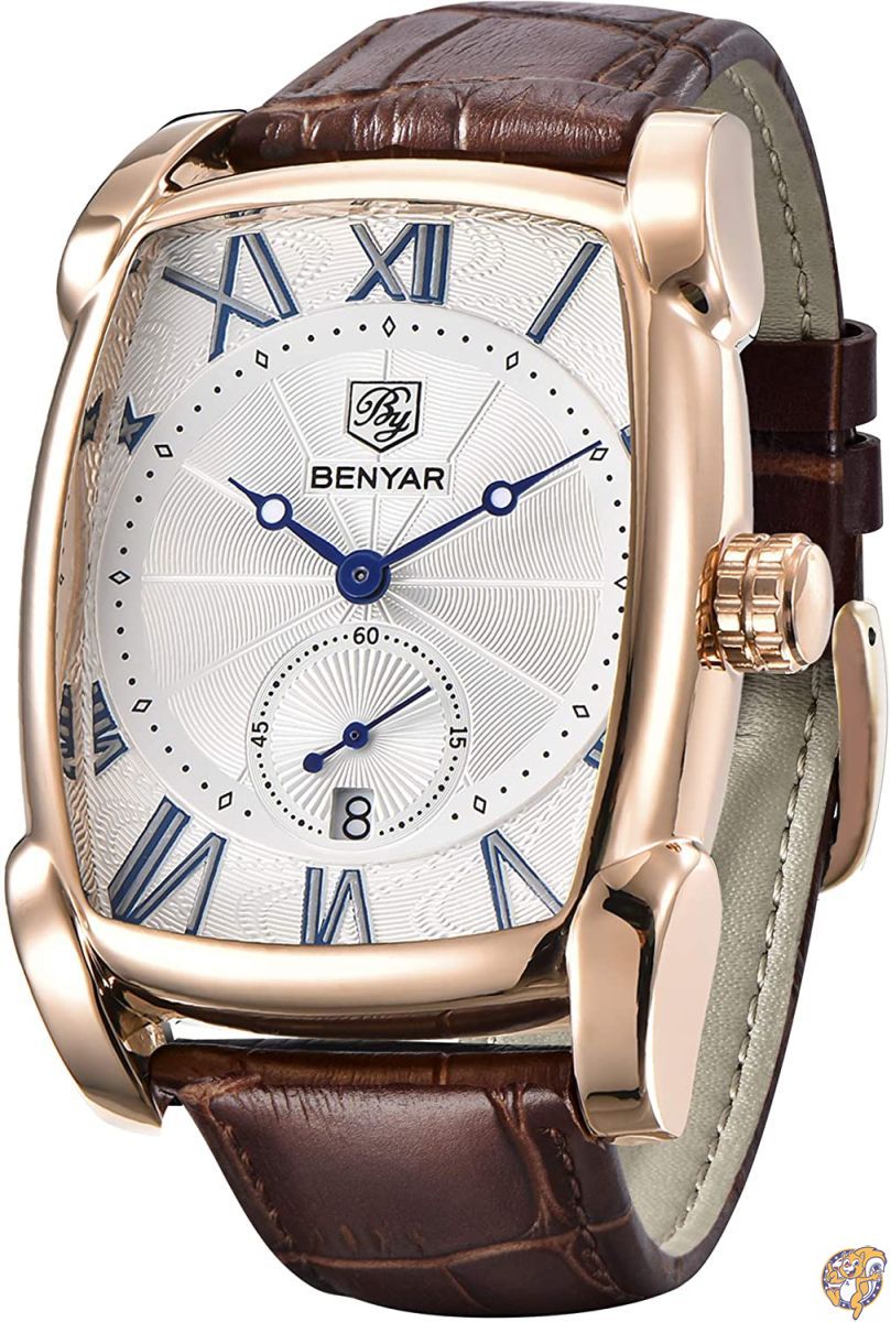 【クーポン配信中】BENYAR 腕時計 メンズ 日付 週 月相 スクエア 3気圧 防水 ブラック ブラウン ブルー レザーストラップ ファッション カジュアル 送料無料