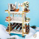 【30日限定500OFFクーポン配信】ゴールドバーカート 収納棚 3段付き 4列のグラスホルダー 8つのワインラック付きホームバー サービングカートH301 J...