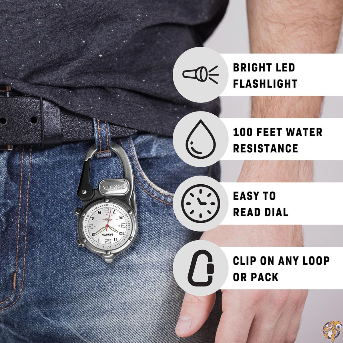 【10日26時間1000円クーポン20名様】Miniダコタ ミニクリップ マイクロライト クリップウォッチ カラビナウォッチ ライト付き時計 ユニセックス アウトドアギフト 釣り 狩猟 アウトドア LEDライト付きタクティカルウォッチ クリップオンウォッチ