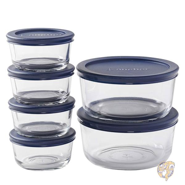フードコンテナ 蓋付きガラス保存容器 12 個 (保存容器 6個 & フィット蓋 6個) 14035ECOM Anchor Hocking
