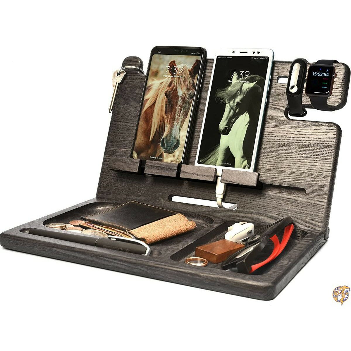 BarvA 木製ドッキングステーショントレイ 携帯電話2個 スマートウォッチホルダー メンズ 充電アクセサリー ナイトスタンド 父親 送料無料