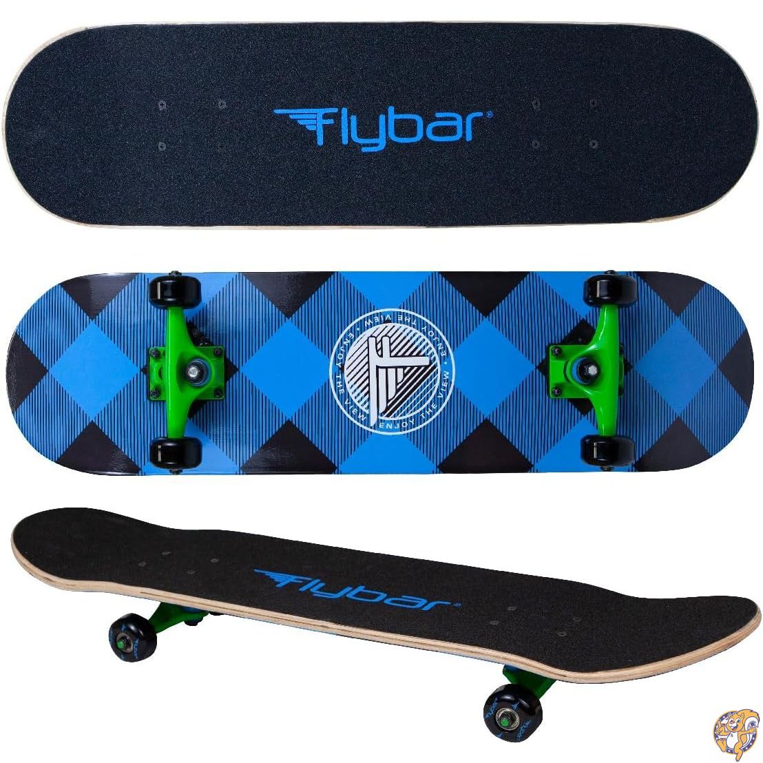 Flybar 初心者向けコンプリートスケートボード - 31インチ 子供用スケートボード 7層メープルウッド凹面ダブルキックスケートボードデッキ 軽量 滑り止め 男の子と女の子向け 対象年齢6歳以上 ブルー格子柄