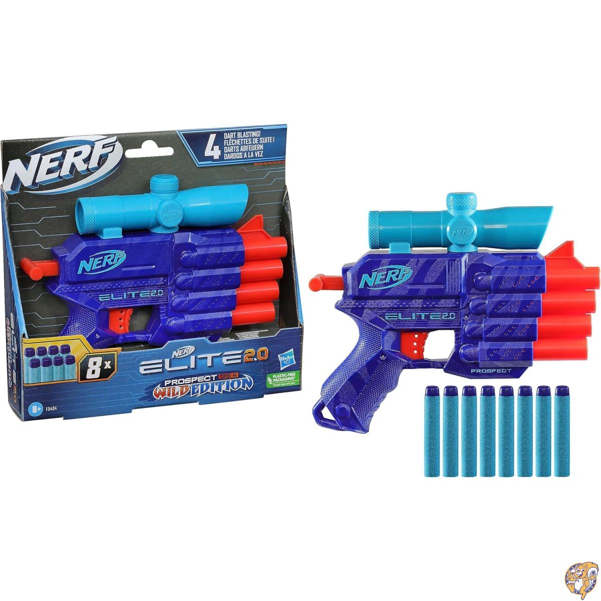 Nerf Elite 2.0 Prospect Qs-4ブラスター、ワイルドエディションカラーデザイン、ナーフエリートダーツ8本、ダーツブラスト4本、ターゲティングスコープ、プルバックプライミング、マルチカラー