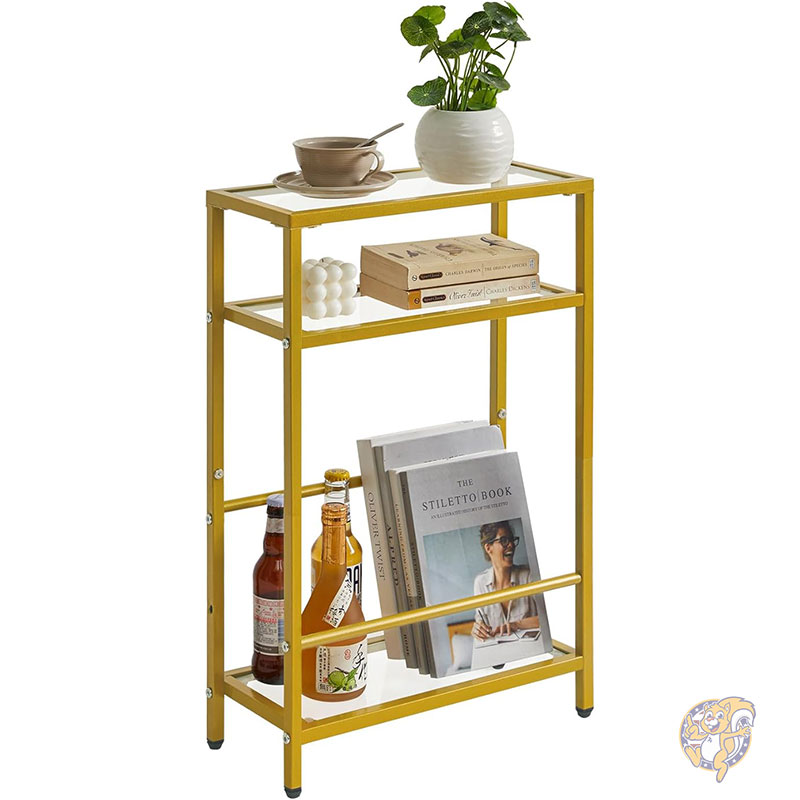 ガラスエンドテーブル 狭いスペース用 サイドテーブル 収納棚付き ベッドサイドテーブル スリムナイトスタンド マガジンホルダー付き リビングルーム ホームオフィス用 クリアゴールド IBUYKE イブイケ