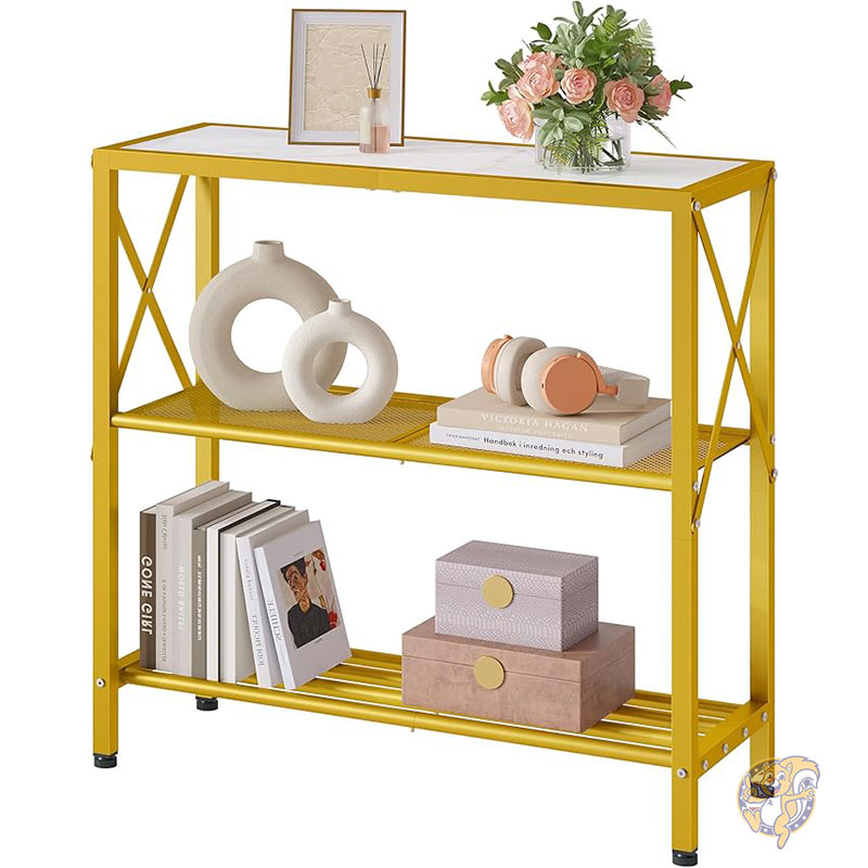 コンソールテーブル インダストリアルコンソールテーブル 3段玄関テーブル メタルフレーム 棚付きソファテーブル 廊下デスク 玄関 リビングルーム 廊下用エントランステーブル ゴールド&ホワイト Hoctieon ホクティオン