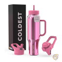 The Coldest Water ザ コールデスト ウォーター ウォーターボトル ハンドルとストロー蓋付き極冷タンブラー 蓋3つ付き 断熱再利用可能ステンレススチール ウォーターボトルトラベルマグ 46オンス 1.3L ピンクリフレクションズ Pink Reflections