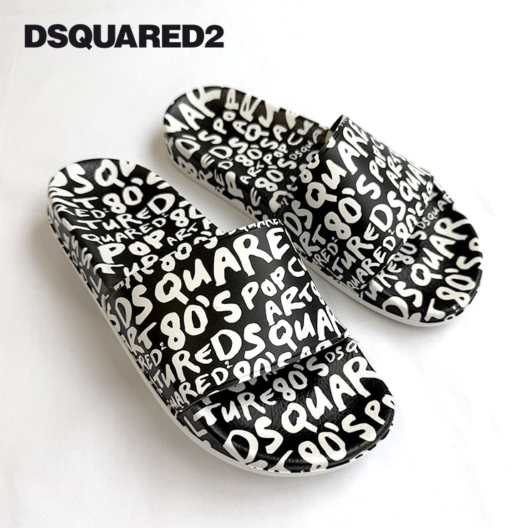 Rakuten - DSQUARED2 ディースクエアード DQ0612 サンダル 37 24.0cm キッズ レディース ジュニア 女性 子供 おしゃれ ブランド かわいい 総柄 ロゴ サンダル 外履き シャワーサンダル ビーチサンダル 海 川 遊び ブランドサンダル 黒 白