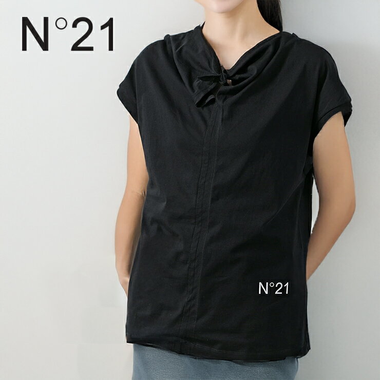 Rakuten - N°21 ヌメロ・ヴェントゥーノ N2102 フレンチスリーブ リボンTシャツ レディース 女性 キッズ ジュニア トップス Tシャツ おしゃれ ブランド かわいい 大人 かっこいい 春 夏 カジュアル 綿100％ コットンTシャツ フレンチ袖 半袖 レディースTシャツ 半袖Tシャツ 黒