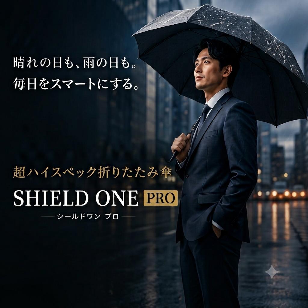 晴れの日も、雨の日も。毎日をスマートにする。 超ハイスペック折りたたみ傘 【SHIELD ONE PRO -シールドワン プロ-】 こんなお悩みはありませんか？ ・荷物が多いときに片手で傘が開けない… ・風が強い日に骨が折れてしまう… ・日傘をさしても暑さや照り返しが気になる… ・たたむのが面倒で時間がかかる… ・重くて持ち歩くのが負担になる… そのお悩み、すべて【SHIELD ONE PRO】が解決します！ ================================================== 【10の高性能で、毎日を快適に】 ================================================== 01.【超軽量 251g】 スマホ（約200g）とほぼ同じ驚きの軽さ！毎日の持ち歩きも負担になりません。 02.【形状記憶生地】 折り目が整いやすく、たたむ時間を大幅に短縮。サッと巻くだけ約3秒で畳めて、忙しい毎日をスマートにサポートします。 03.【自動開閉ワンタッチ】 荷物が多いときや車の乗り降りでも、ボタンひとつで片手ラクラク操作。 04.【耐暴風フレーム】 強風にも耐える頑丈なフレーム構造を採用。風の強い日でも安心です。 05.【ブラックコーティング】 内側のブラックコーティングが強い日差しの熱をしっかりカット。猛暑の下でも涼しく快適に過ごせます。 06.【UVカット 99.8%】 紫外線から肌をしっかり守る高いUVカット性能。日焼け対策・熱中症対策にも最適です。 07.【UPF50+】 最高クラスの紫外線保護指数（UPF50+）を獲得。日差しの強い季節も安心してお出かけできます。 08.【超撥水 ロータス効果（ハス効果）】 高密度生地に超撥水加工を施し、水滴が玉のように転がり落ちます。濡れにくくすぐ乾くため、電車や車の中でも安心です。 09.【グラスファイバー骨】 しなやかで折れにくいグラスファイバー骨を採用。軽さと強さを両立したタフな設計です。 10.【晴雨兼用】 朝の通勤、昼の外回り、夕方の急な雨、夜の帰宅まで。どんな天気・シーンでも頼れる相棒として、365日活躍します。 ================================================== 【SIZE & COLOR】 ================================================== ■商品名：SHIELD ONE PRO（シールドワン プロ） ■カラー：選べる2カラー ・BLACK（ブラック） ・GRAY（グレー） ■サイズ： ・親骨サイズ：約50cm ・開いた時の直径：約90cm ・収納時：高さ 約26cm / 幅 約5cm ■重量：超軽量 約251g ■素材：グラスファイバー（親骨） ■機能：ワンタッチ自動開閉、形状記憶生地、ブラックコーティング、UVカット99.8%、UPF50+、超撥水（ロータス効果）、耐暴風フレーム、晴雨兼用 毎日使うものだから、妥協しない。 高性能×軽量×使いやすさをすべて備えた、次世代の折りたたみ傘。 あなたの毎日を、もっとスマートに。
