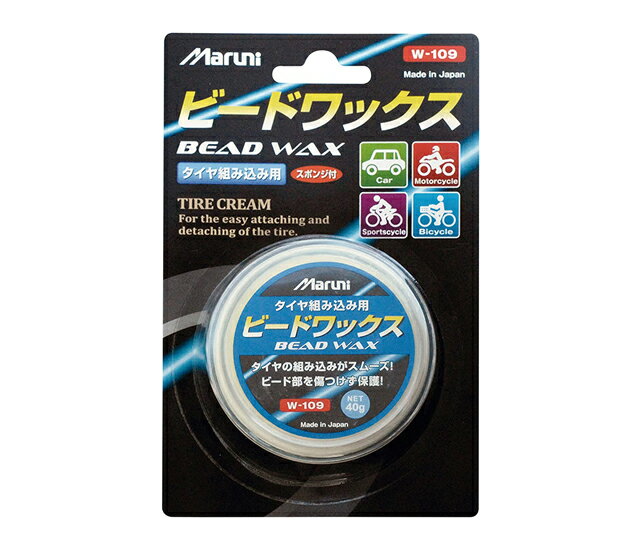 ・タイヤをホイールにセットする際、タイヤのビード部に塗布すると、タイヤがスムーズに入り、さらにビード部を傷つけずに保護 ・ビード部からのエアー漏れを防止 ・さわやかなレモンの香りで作業が快適 ■付属品　スポンジ■サイズ 内容量：40g■用途　タイヤ脱着用※付属のスポンジまたは、布等で、均一に伸ばして塗って下さい。ご使用後は必ず蓋をして下さい。