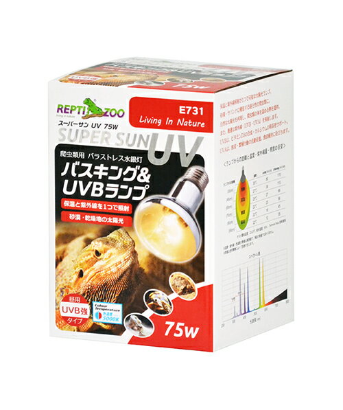 保温と紫外線照射が1つで可能な太陽光ランプ。 砂漠・サバンナに棲息する昼行性の爬虫類に。 自然な太陽光を再現し、爬虫類の体を温める熱を提供。 また、最適な紫外線（UVB・UVA）を照射します。 UVBは、ビタミンD3の合成・カルシウムの吸収をサポート。 UVAは、脱皮・繁殖行動の活動促進。食欲維持に役立ちます。 電源方式　AC110V（屋内用） 周波数　50/60Hz 消費電力　75W サイズ　Φ80mm 口金：E26 ご使用できる生き物 フトアゴヒゲトカゲ、グリーンイグアナ、リクガメ、カメレオン等の昼行性爬虫類 ご使用方法 ●本品は通気性のあるセラミック製もしくは磁性の器具に取り付ける必要があります。 プラスチック製のソケットは使用しないで下さい。 ●電球は斜めではなく真下に向くよう垂直に吊り下げて設置して下さい。 　斜めに取りつけるとランプの寿命を縮める原因になります。 ●電球は、地上(生き物)から約30cm離れたところから照射して下さい。 ●飼育ケース中に温度差が出来るようにケースの片側にランプを寄せて照射して下さい。 ※スーパーサンUVは調光器やサーモスタットと併用しないで下さい。 本品は点灯後、明るさが安定し、最大温度に達するまでに5～10分かかります。 また、消灯すると安全装置が作動し再点灯までに約15分かかります。 UVB放射量：1日12時間使用の場合　およそ180日(約6ヶ月後)で50％減少 交換の目安：約6ヶ月～1年 ※ランプが点灯していても、紫外線の照射量は少しずつ減少していきますので　早めの交換を推奨します。 ◆ご注意◆ ※本品は、爬虫類用の用品です。他の目的及び生き物には使用しないで下さい。 ※火気には絶対に近づけないで下さい。 ※お子様の手の届く場所や足元等に置かないようにして下さい。 ※飼育する生き物に関しましては、必ず専門スタッフに相談されてからご使用される事をおすすめします。 ※本品を調光器やサーモスタットに接続して使用しないで下さい。 ※本品は、バスキングとUVBを照射する爬虫類専用の商品です。 　点灯している電球を直視しないで下さい。また、電球に水滴や霧吹きの水がかからないようにして下さい。　　 　破損の原因となります。 　ガラス部分がひび割れや破損した場合は、プラグを抜き、電球の熱が冷めてから捨てて下さい。 ※火傷の恐れがありますので、点灯中は電球に触らないで下さい。 ※通気性の良いセラミック製のソケット、もしくは磁性の器具に取り付ける必要があります。 　また、火災の恐れがありますのでプラスチック製の照明器具は使用しないで下さい。 ※電球やテラリウムをカーテンや布製品の家具等の可燃物の近くに設置しないようにして下さい。 ※スーパーサンUVはガラス製のテラリウムにのみご使用下さい。 　ナイロン製のテラリウムには使用しないで下さい。火災につながる可能性があります。 ※本品を生き物やディスプレイ、飼育ケージ等に直接触れないように設置して下さい。 　ヤケドや変形、火災の原因になります。 ※本品の取り付け・取り外しやお手入れの時は必ず電源を切り、プラグを抜いて下さい。 ※飼育時における事故等に関しましては、責任を負いかねますので、予めご了承下さい。 爬虫類、は虫類、ハ虫類、レプタイル、両生類、アンフィビウム、ビバリウム、テラリウム、パルダリウム、ビオトープ、トカゲ、カメレオン、イグアナ、アガマ、モニター、ヤモリ、カメ、ミズガメ、ゾウガメ、亀、リクガメ、ヘビ、スネーク、パイソン、ボア、フトアゴ、ヒョウモントカゲモドキ、レオパ、スキンク、カエル、イモリ、紫外線、UV，UVA、UVB、ライト、照明、E26、口金、スパイラル灯、電球、バスキング、日光浴、保温