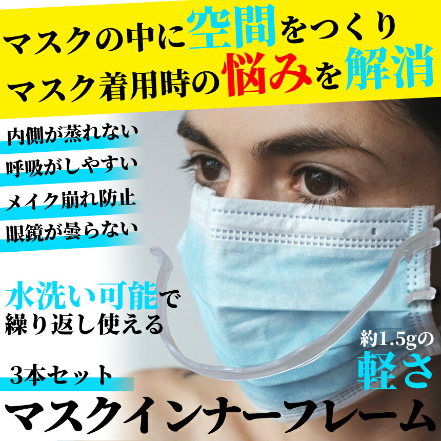 【期間限定！全商品ポイント5倍】 マスク 不織布 立体 フレーム 軽量 3本 3D 装着 簡単 インナー フレーム ガード 不織布マスク用 立体 蒸れ メイク崩れ 防止 隙間 空間 繰り返し使える 横幅17.5cmのふつうサイズ専用 顔パンツ 3-MSKHONE TOKU 送料無料