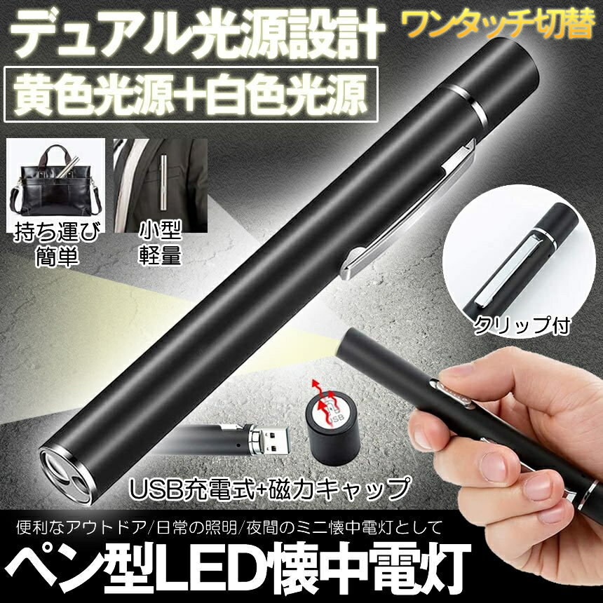 【スーパーSALE限定価格】 ペンライト led 懐中電灯 ダブル光源 小型 ペン型ライト ハンディライト USB充電式 ミニ キャンプ アウトドア 防災 釣り ライト クリップ付き 携帯便利 NISYURAI 送料無料 CM 10OF