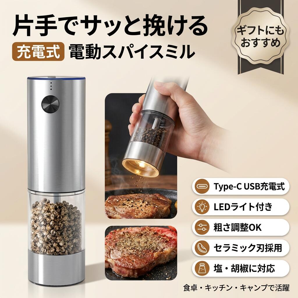 おすすめ USB充電式 母の日 人気 父の日 ソルトミル キャンプ ペッパーミル プレゼント ポイント消化 胡椒ひき ギフト TYPE-C 粗