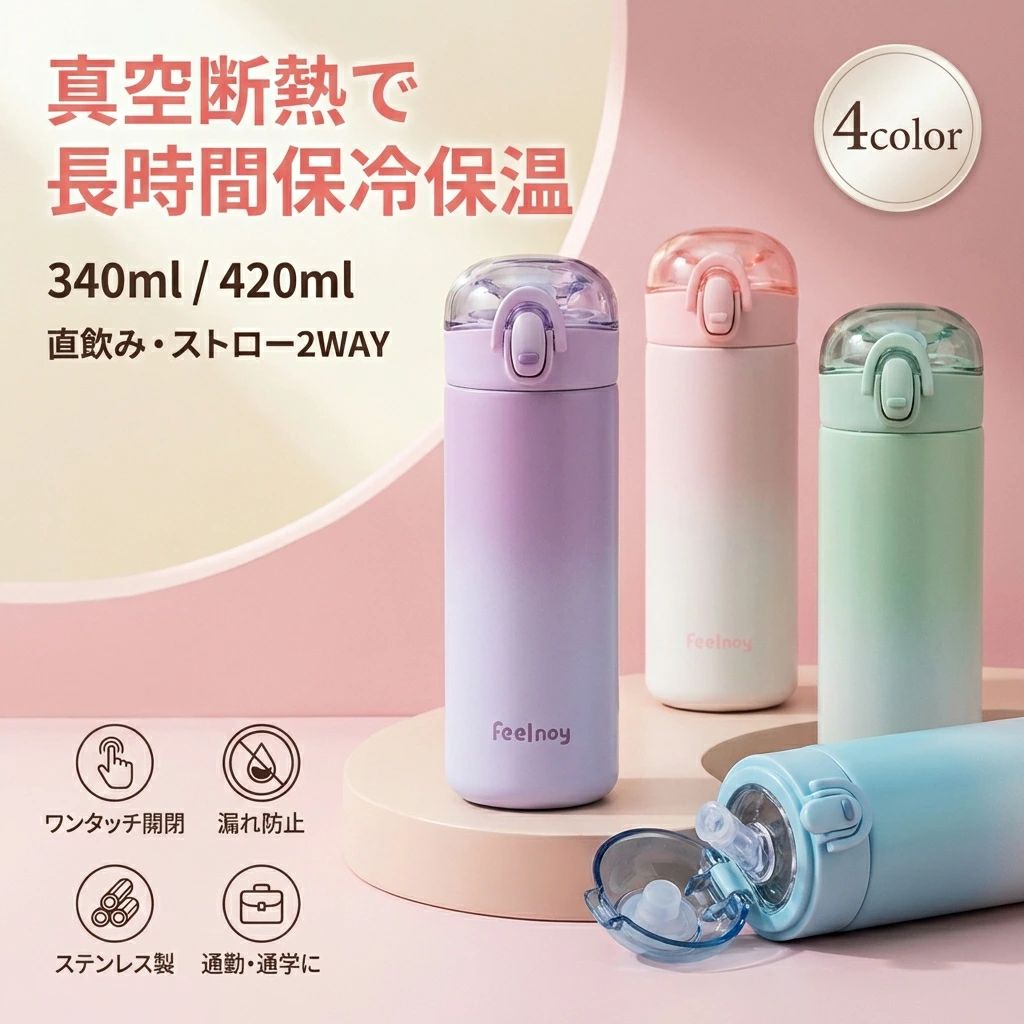 ブルー 【真空断熱で長時間保冷保温】水筒 ステンレス ワンタッチ 通学 記念品 子供 母の日 340ml 誕生日 プレゼント おしゃれ 直飲み おすすめ 大人 ストロー 父の日 ポイント消化 蓋付き 通勤 ギフト 漏れ防止 ピンク ホワイト 人気 420ml