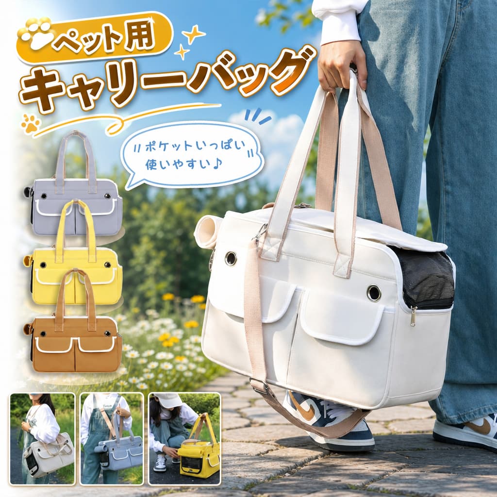 商品情報検索キーワード：ペットキャリーバッグ 猫キャリー 猫 キャリーケース ペットキャリーバッグ 犬猫兼用 手提げキャリーバッグ 軽量 犬キャリー 飛び出し防止 通気性 小型犬 猫 うさぎ ペット キャリーバッグ ショルダーバッグ トートバッグ 2way ペット用品 車載/通院/旅行スペック商品名：ペットキャリーバッグセット内容：キャリーバッグ一つ+ショルダーストラップ一つサイズ：40*19*27cm素材：ポリエステル、帆布生産国：中国（日本人スタッフによる安心の検品体制）おすすめポイント旅行や帰省に便利なペットキャリー登場・ちょっとした日常のおでかけや、旅行に便利なペットキャリー！猫や小型犬を手軽に入れることはできます。移動は楽チン！移動先のペットハウス代わりにもおすすめです。通気性抜群のメッシュ素材&amp;ペットの様子を見えるサイドがメッシュ素材で作り、十分な空気循環を提供し、ペットが中にいても快適・いつでも中にいるペットの様子を見える。大きな入り口、スムーズに出入れ・入り口が広いから、ワンちゃんや猫ちゃんの出入れスムーズできます。広々とした空間、ペットに窮屈感を感じさせない。様々な場合では使えるから便利！お出かけや旅行はもちろん、通院、帰省などにこれ一つでOK！いつでもどこでも愛猫・愛犬と一緒に。購入前のご注意※多少の染めムラや、素材に含まれるインクルージョンがある場合があります。不良品ではありません。※商品写真はできる限り実物と近づけるようにしておりますが、お使いのモニター設定、お部屋の照明等により実際の商品と色味が異なる場合がございます。※採寸はあくまで目安としてのもので、表記に多少の誤差（前後2・3cm）が生じる場合があります。※生産時期により、色・サイズ・デザインが多少が異なる場合がございますので、複数の商品をご注文頂いた場合も多少に異なる場合があります。※当店の商品は全て日本人スタッフにより検品してから発送したものです。予めご了承くださいませ。※各商品は各商品ページ選択肢のところに規定ある納期より発送いたします。当店では複数店舗で在庫を共有しており、システムによる在庫調整を行っております。ご注文が集中した場合、タイミングにより在庫にずれが生じ欠品となる可能性がございます。 その際、当店での注文確認後にご案内させていただく場合がございますこと、予めご了承ください。 不良品についての説明基づいて掲載しています