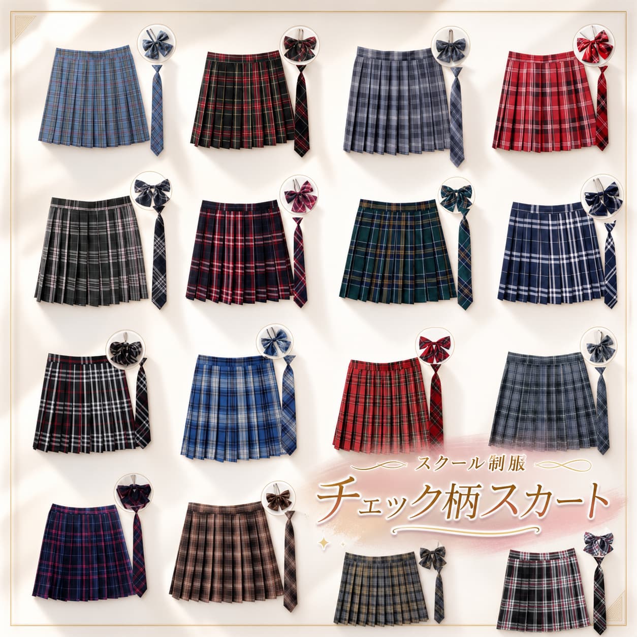 【店長おすすめ】16色選べる チェック柄 スクール 女の子 制服 プリーツスカート 高校生 学生服 年間使いやすい レディース プリーツスカート+ネクタイ+リボン 3点セット ハロウィン コスプレ 仮装 コスチューム スカート長/45-47cm ダンス衣装 中学生 スクール 女子高生