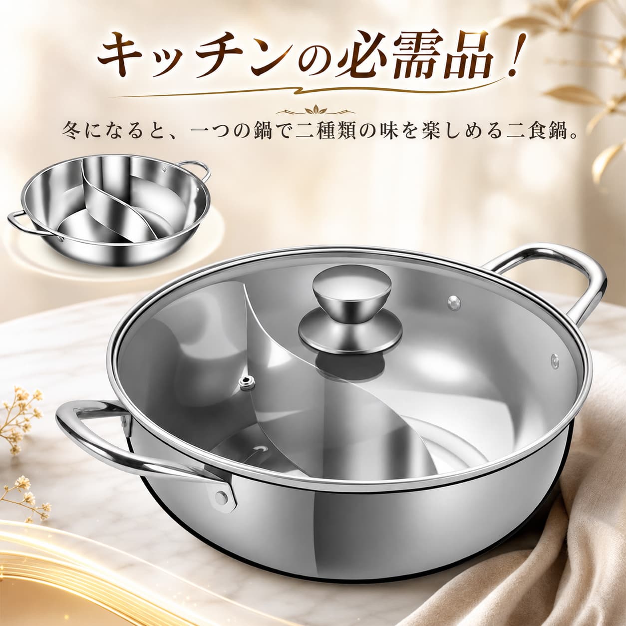 キッチンの必需品！冬になると、一つの鍋で二種類の味を楽しめる二食鍋。ステンレス製であれば耐食性に優れ、様々な食材や調味料に触れても傷むことなく長くお使いいただけます。仕切りがついて、2つの味が同時に出来るので、好みが違う人が集まっても存分に鍋を楽しめます。保温に便利なガラス蓋付きコンロが足りない時にも便利！調理中の様子もひと目で確認できます。ガス火もIHも両方OK！普段の食事やホームパーティにもおすすめです。また鍋のシメも、雑炊・ラーメン・うどん等を2種類同時に欲張りに食べられます。 サイズ 28cm 30cm 32cm 34cm 36cm サイズについての説明 28cm 30cm 32cm 34cm 36cm 素材 ステンレス製 色 蓋無し 蓋付き 備考 ●サイズ詳細等の測り方はスタッフ間で統一、徹底はしておりますが、実寸は商品によって若干の誤差(1cm・3cm )がある場合がございますので、予めご了承ください。 ●製造ロットにより、細部形状の違いや、同色でも色味に多少の誤差が生じます。 ●パッケージは改良のため予告なく仕様を変更する場合があります。 ▼商品の色は、撮影時の光や、お客様のモニターの色具合などにより、実際の商品と異なる場合がございます。あらかじめ、ご了承ください。 ▼生地の特性上、やや匂いが強く感じられるものもございます。数日のご使用や陰干しなどで気になる匂いはほとんど感じられなくなります。 ▼同じ商品でも生産時期により形やサイズ、カラーに多少の誤差が生じる場合もございます。 ▼他店舗でも在庫を共有して販売をしている為、受注後欠品となる場合もございます。予め、ご了承お願い申し上げます。 ▼出荷前に全て検品を行っておりますが、万が一商品に不具合があった場合は、お問い合わせフォームまたはメールよりご連絡頂けます様お願い申し上げます。速やかに対応致しますのでご安心ください。 不良品についての説明基づいて掲載しています
