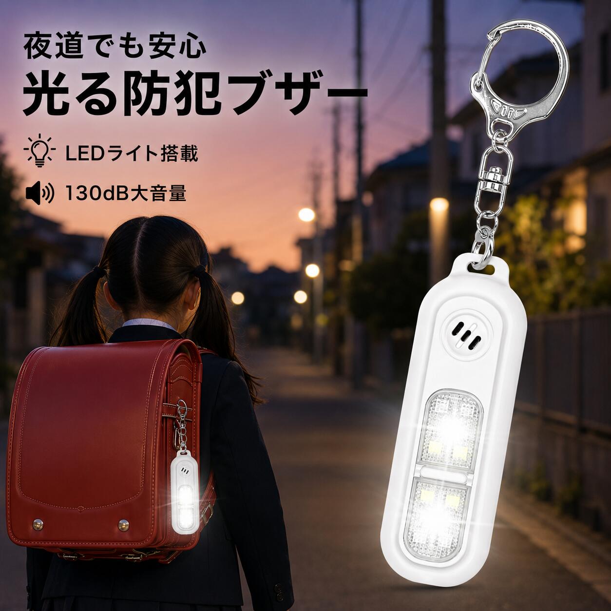 商品仕様： 商品名： 多機能防犯ブザー アラーム音量：130db アラーム持続時間：90分 ライト持続時間：120分 充電時間：90分 点滅時間：6時間 バッテリー：3.7V 130mAh 待機電流： アラーム動作電流： サイズ：25mm×78mm×18mm 重量：19g 【セット内容】 日本語説明書 ×1 充電ケーブル ×1 キーホルダー ×1 防犯ブザー ×1 商品特徴： 【USB充電式の多機能防犯ブザー！】 本製品は、防犯対策と便利機能を兼ね備えた多機能防犯ブザーです。130dbの大音量で周囲に注意を促し、LEDライトや警告ライトであらゆる状況に対応します。USB充電式で経済的かつ環境に優しく、持ち運びに便利なキーチェーン付きで、日常から旅行、夜間の外出まで幅広く活躍します。 【ご使用方法】 1、アラーム機能 ●SOSボタンを2回素早く押すとアラームが作動します。 ●SOSボタンを3秒間押し続けると解除できます。 2、LEDライト ライトボタンを3秒間押し続けると、（ホワイト色）常時点灯/消灯が可能です。 3、警告ライトの点滅 ●1回押す：赤色ライト点滅 ●2回押す：青色ライト点滅 ●3回押す：白色ライト点滅 ●4回押す：消灯 4、バッテリー通知機能 残量が少なくなるとライトが点滅し、3回ビープ音が鳴ります。 5、充電機能 ●充電中：赤色ライト点灯 ●充電完了：緑色ライト点灯 【おすすめポイント】 1、大音量130dB：緊急時に即座に周囲に知らせる大音量アラーム！ 2、多機能ライト搭載：通常のフラッシュライトから警告ライトまで状況に応じて使い分け可能。 3、USB充電式：繰り返し充電可能で経済的！付属のType-Cケーブルで簡単充電。 4、軽量コンパクト設計：わずか19gで手のひらサイズ。持ち運びやすく、子どもから大人まで安心して使えます。 5、キーホルダー付き：バッグやキーに簡単に取り付け可能で、持ち歩きにも便利！ 【簡単クリップで装着可能】 ポケットやベルト、襟、さらには帽子にも手軽にクリップで取り付け可能。懐中電灯とは異なり、両手が自由に使えます。 【こんな方におすすめ】 ●夜間の外出や通学・通勤が多い方 ●小さなお子さまや高齢者の防犯対策に ●災害時や緊急時に備えたい方 ●安心と便利を兼ね備えた多機能防犯ブザーで、日常生活をもっと安全に！ 【安心のサービス】 当店はお客様に楽しいお買い物を提供するために努力しています。出荷前に製品の品質と機能の完全性を確認しています。商品に関するご質問や品質問題があれば、ご遠慮なくご注文履歴からご連絡ください。 【Q＆A】 Q1. この防犯ブザーはどのくらいの音量ですか？ A1. 本製品は130dBの大音量を備えており、周囲に緊急事態をすばやく知らせることができます。 Q2. アラームはどのくらいの時間鳴らし続けられますか？ A2. フル充電で約90分間アラームを鳴らすことが可能です。 Q3. LEDライトはどのように使えますか？ A3. ライトボタンを3秒間押し続けると、ホワイトライトが常時点灯します。また、短く押すことで赤・青・白色の点滅モードに切り替えられます。 Q4. 充電にはどのくらい時間がかかりますか？ A4. 約90分でフル充電が可能です。充電中は赤色ランプが点灯し、完了すると緑色ランプが点灯します。 Q5. 電池が少なくなるとどうなりますか？ A5. 残量が少なくなると、ライトが点滅し、3回ビープ音が鳴ります。これが充電のサインです。 Q6. 子どもでも使いやすいですか？ A6. はい。本製品は19gと軽量で、簡単に操作できる設計となっているため、お子さまでも安心してお使いいただけます。 Q7. USB充電はどのタイプに対応していますか？ A7. Type-Cケーブルを使用して充電します。付属のケーブルを使用することをおすすめします。 Q8. 防犯ブザー以外にどのような使い道がありますか？ A8. 常時点灯モードでは懐中電灯として、赤色点滅モードでは夜間ランニングや散歩時の安全ライトとして活用できます。 Q9. このブザーはどのように持ち運べますか？ A9. キーホルダーやクリップが付属しており、バッグやベルト、襟などに簡単に取り付けられます。コンパクトで携帯に便利です。