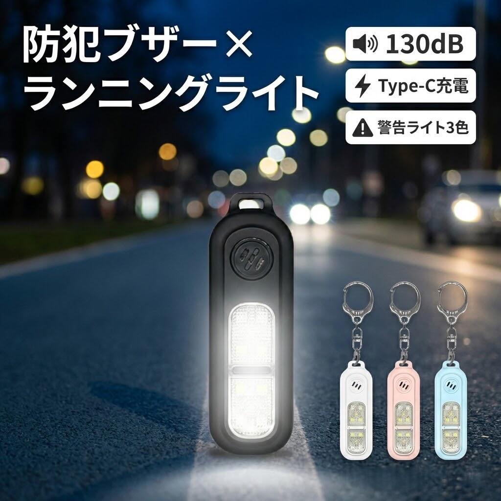 商品仕様： 商品名： 多機能防犯ブザー アラーム音量：130db アラーム持続時間：90分 ライト持続時間：120分 充電時間：90分 点滅時間：6時間 バッテリー：3.7V 130mAh 待機電流： アラーム動作電流： サイズ：25mm×78mm×18mm 重量：19g 【セット内容】 日本語説明書 ×1 充電ケーブル ×1 キーホルダー ×1 防犯ブザー ×1 商品特徴： 【USB充電式の多機能防犯ブザー！】 本製品は、防犯対策と便利機能を兼ね備えた多機能防犯ブザーです。130dbの大音量で周囲に注意を促し、LEDライトや警告ライトであらゆる状況に対応します。USB充電式で経済的かつ環境に優しく、持ち運びに便利なキーチェーン付きで、日常から旅行、夜間の外出まで幅広く活躍します。 【ご使用方法】 1、アラーム機能 ●SOSボタンを2回素早く押すとアラームが作動します。 ●SOSボタンを3秒間押し続けると解除できます。 2、LEDライト ライトボタンを3秒間押し続けると、（ホワイト色）常時点灯/消灯が可能です。 3、警告ライトの点滅 ●1回押す：赤色ライト点滅 ●2回押す：青色ライト点滅 ●3回押す：白色ライト点滅 ●4回押す：消灯 4、バッテリー通知機能 残量が少なくなるとライトが点滅し、3回ビープ音が鳴ります。 5、充電機能 ●充電中：赤色ライト点灯 ●充電完了：緑色ライト点灯 【おすすめポイント】 1、大音量130dB：緊急時に即座に周囲に知らせる大音量アラーム！ 2、多機能ライト搭載：通常のフラッシュライトから警告ライトまで状況に応じて使い分け可能。 3、USB充電式：繰り返し充電可能で経済的！付属のType-Cケーブルで簡単充電。 4、軽量コンパクト設計：わずか19gで手のひらサイズ。持ち運びやすく、子どもから大人まで安心して使えます。 5、キーホルダー付き：バッグやキーに簡単に取り付け可能で、持ち歩きにも便利！ 【簡単クリップで装着可能】 ポケットやベルト、襟、さらには帽子にも手軽にクリップで取り付け可能。懐中電灯とは異なり、両手が自由に使えます。 【こんな方におすすめ】 ●夜間の外出や通学・通勤が多い方 ●小さなお子さまや高齢者の防犯対策に ●災害時や緊急時に備えたい方 ●安心と便利を兼ね備えた多機能防犯ブザーで、日常生活をもっと安全に！ 【安心のサービス】 当店はお客様に楽しいお買い物を提供するために努力しています。出荷前に製品の品質と機能の完全性を確認しています。商品に関するご質問や品質問題があれば、ご遠慮なくご注文履歴からご連絡ください。 【Q＆A】 Q1. この防犯ブザーはどのくらいの音量ですか？ A1. 本製品は130dBの大音量を備えており、周囲に緊急事態をすばやく知らせることができます。 Q2. アラームはどのくらいの時間鳴らし続けられますか？ A2. フル充電で約90分間アラームを鳴らすことが可能です。 Q3. LEDライトはどのように使えますか？ A3. ライトボタンを3秒間押し続けると、ホワイトライトが常時点灯します。また、短く押すことで赤・青・白色の点滅モードに切り替えられます。 Q4. 充電にはどのくらい時間がかかりますか？ A4. 約90分でフル充電が可能です。充電中は赤色ランプが点灯し、完了すると緑色ランプが点灯します。 Q5. 電池が少なくなるとどうなりますか？ A5. 残量が少なくなると、ライトが点滅し、3回ビープ音が鳴ります。これが充電のサインです。 Q6. 子どもでも使いやすいですか？ A6. はい。本製品は19gと軽量で、簡単に操作できる設計となっているため、お子さまでも安心してお使いいただけます。 Q7. USB充電はどのタイプに対応していますか？ A7. Type-Cケーブルを使用して充電します。付属のケーブルを使用することをおすすめします。 Q8. 防犯ブザー以外にどのような使い道がありますか？ A8. 常時点灯モードでは懐中電灯として、赤色点滅モードでは夜間ランニングや散歩時の安全ライトとして活用できます。 Q9. このブザーはどのように持ち運べますか？ A9. キーホルダーやクリップが付属しており、バッグやベルト、襟などに簡単に取り付けられます。コンパクトで携帯に便利です。