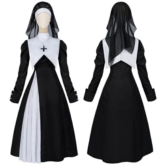 送料無料 コスプレ シスター シスターコスプレブラック ベール付き ロングワンピース 修道女コスプレ シスター コスプレ衣装 大人 シスター コスプレ ハロウィン コスプレ コスプレ衣装 十字架 なりきり ハロウィン 衣装