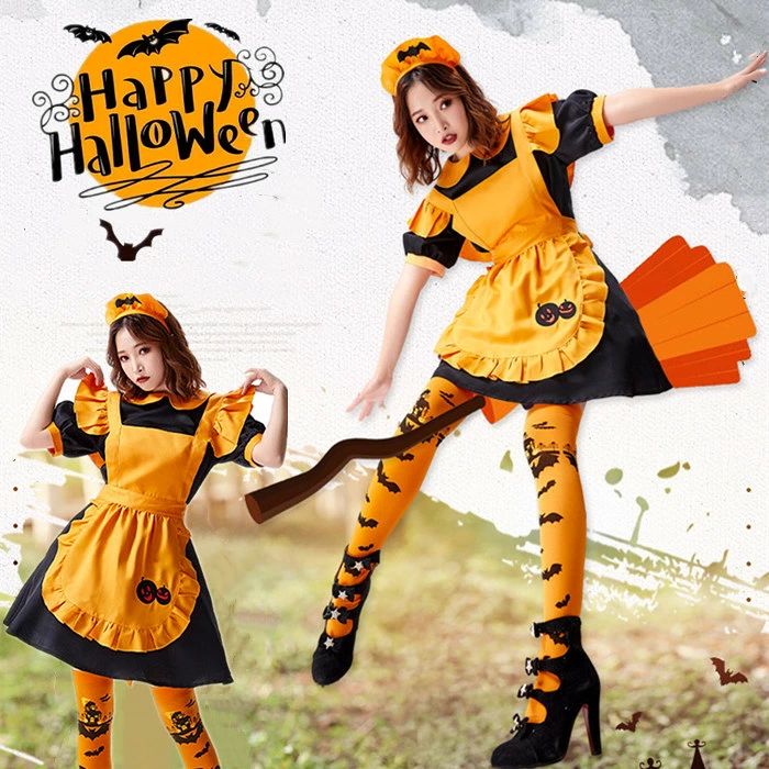 ハロウィン衣装 メイド服 コスプレ コスプレ衣装 メイド 制服 コウモリ 魔女 巫女 レディース 吸血鬼変身 かぼちゃ パンプキン 変装 メイド服 エプロン カチューシャ メイド 仮装 レディース パーティー イベント Halloween