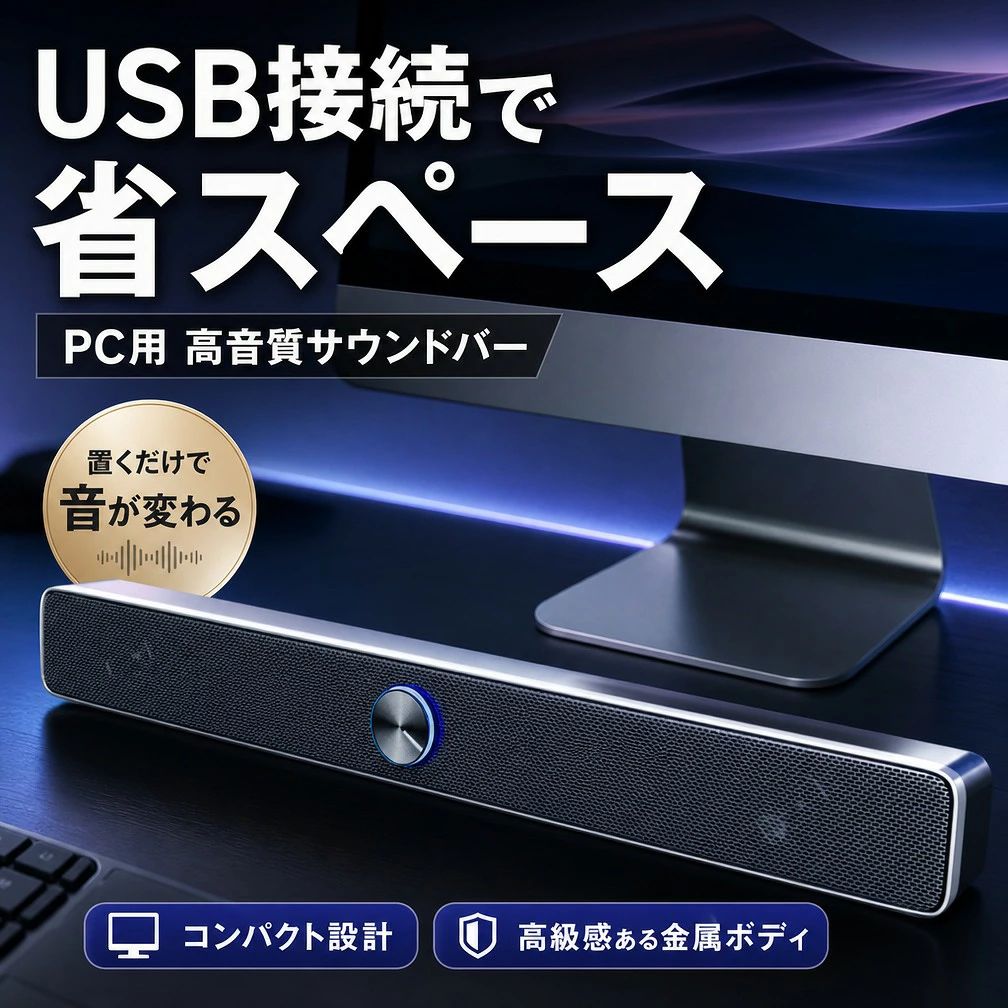 【商品説明】 ダブルスピーカユニットとダブルサウンドホールのダブルスピーカー 重低音が迫力があり、高音質の4Dサウンドバー 電波やタイムラグなどのデメリットのない有線が人気です。 PCスピーカーとしてだけでなくスマホスピーカーとしても楽しめます。 ケーブルを2本接続するだけなので取付も簡単 【カラー】ブラック 【サイズ】380mm60mm60mm 注意事項 ・ラッピング対応は行っておりません。 ・予告なく仕様変更になる場合がございます。 ・写真はイメージです。実際の商品と若干異なる場合がございます。 ・基本は全国一律送料無料と対応させていただきますが、沖縄・北海道・離島地域へお届けの場合は別途送料をご請求させていただきます。 ・商品のサイズは採寸方法によって、若干な誤差が生じる場合はあります。ご了承ください。 品質保証 ・出品商品は全て新品未使用です。 ・安心の初期不良対応 ：万が一商品に不具合があった場合は、商品到着後7日以内にご連絡ください。 ・不具合の状況確認のため、写真や動画のご提供をお願いする場合がございます。確認後、速やかに「新品交換」または「ご返金」にて対応させていただきます。 ・お客様に安心してご購入いただけるよう、誠心誠意サポートいたします。「悪い評価」を付ける前に、まずはお気軽にご相談ください。 検索関連ワード PCスピーカー, パソコンスピーカー, サウンドバー, スピーカー, USB接続, 有線スピーカー, ステレオ, 4Dサウンド, 高音質, 高品質, 重低音, ダブルスピーカー, ダブルサウンドホール, コンパクト, 小型, 省スペース, スリム, 卓上, デスクトップ, ノートPC, MacBook, スマホスピーカー, スマホ対応, Bluetooth, ブルートゥース, 有線接続, 簡単接続, 取付簡単, 電波干渉なし, タイムラグなし, 迫力サウンド, 臨場感, クリア音質, 音楽鑑賞, 映画鑑賞, ゲーム用, 在宅ワーク, リモート会議, オフィス, 寝室, リビング, 書斎, 省スペース設計, 置き場所を選ばない, ブラック, 黒, シンプル, おしゃれ, 高級感, スタイリッシュ, かっこいい, プレゼント, ギフト, 贈り物, 新生活, 母の日, 父の日, 誕生日, ポイント消化, 人気, おすすめ, 定番, 楽天スーパーSALE, お買い物マラソン, 送料無料, パソコン周辺機器, 音響機器, 外付けスピーカー, PC用サウンドバー, デュアルスピーカー, 省スペーススピーカー, スマートフォン用, ノートパソコン用, 自宅用, テレワーク用注意事項：モニターの発色により、実物と異なる場合がございます。
