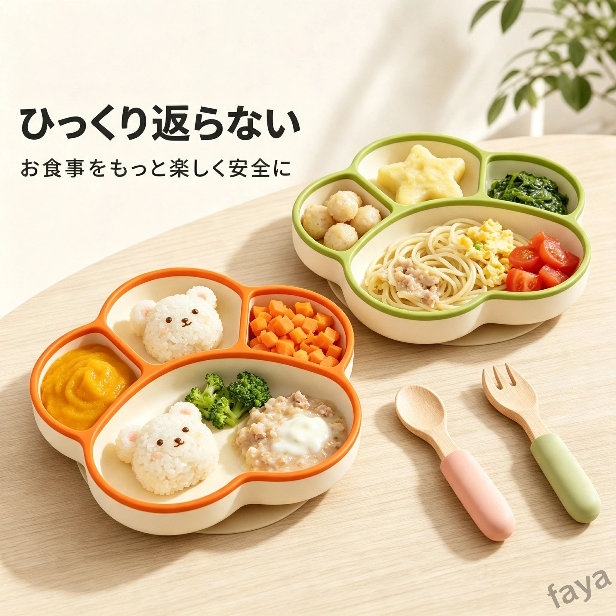 商品説明 ★商品特徴★ 【サイズ・容量】 ・本体横幅：19.3cm ・本体縦幅：19.5cm ・吸盤直径：16.3cm ・仕切り容量：左右小皿70ml×2 / 上部中皿120ml / メイン大皿250ml ・対象月齢：0歳以上（離乳食初期〜幼児食まで） 【カラーラインナップ】 ■2トーンカラー（2色組み合わせ） オレンジライン、グリーンライン、ピンクライン ■単色タイプ イエロー、グリーン、ピンク 【素材】食品級シリコン 有害物質不使用、耐熱性に優れ、温めた離乳食を直接盛り付け可能。柔らかい素材なので落としても傷つかず、テーブルを傷つける心配もありません。 製品特徴 1. 強力吸盤設計でひっくり返らない 底面大面積吸盤が平らな木製テーブル・ダイニングマットに密着。赤ちゃんが掴んで引っ張っても簡単に動かず、食べこぼしを大幅に抑えます。 2. 4区分仕切りで栄養管理簡単 大中小4つの区画に分かれ、ご飯・おかず・野菜・デザートを別々に盛り付けられ、離乳食の栄養バランス管理に便利。容量が印字されているので食材の量が一目で把握できます。 3. 角丸優しいカタチ、赤ちゃん安心 プレート全周囲が滑らかな曲線・角丸加工。尖った部分がなく、赤ちゃんが掴んだり顔を近づけてもケガの心配がありません。 4. 食品級柔らかシリコン素材 弾力のあるシリコン素材を採用。落としても割れず、匂い移りしにくい特徴があります。電子レンジで離乳食の温め直し、食洗機で丸洗いOK。 5. 可愛いネコ足デザインで食事好きに 子供が喜ぶねこ足シェイプ。カラーバリエーションが豊富でお好みの色を選べ、毎日の食事の時間が楽しくなります。 6. お手入れ超簡単 シリコン素材は汚れが付きにくく、水洗いだけで簡単に汚れが落ちます。吸盤部分も取り外し可能で隙間の汚れまでしっかり洗浄できます。 ★キーワード★ 子供用 赤ちゃん 食洗機対応 耐熱シリコン食器 ベビー用 安全な 子ども用食器シリコン 離乳食 子供用食器セット シリコン製お皿 おしゃれシリコン食器 子供用ランチ 吸盤付き ベビー食器セット 耐熱子供 シリコン食器 子供用分割 汚れにくい 子供用離乳食 滑りにくいシリコン食器 子供食器洗いやすい 子供用吸盤付き 軽量 ベビー耐熱性 子供用カラフル 食洗機対応子供食器 離乳食用シリコンお皿 子供用丈夫な ランチ 電子レンジ対応 シリコン製子供用食器 赤ちゃん安全 子供用シリコンランチマット 取り外し簡単 子供用滑り止め シリコン製吸盤お皿 ベビー用離乳食 柔らかいシリコンお皿 シリコン製食事 食器洗いやすい ベビー用 耐久性のある子供用食器 シリコン製ランチ お手入れ簡単 子供用おしゃれ 吸着シリコンお皿 ベビーフード シリコン製離乳食 赤ちゃん用食事 食器 子供向け分割 おしゃれなシリコン食器 子供用吸着 滑りにくい 離乳食シリコン BPAフリー キッズシリコンお皿 シリコン製の子供 子供用シリコン仕切りお皿 耐久性 食洗機OK 食事 子供に優しい シリコン食器 お手入れ簡単 食事用 ベビー安全シリコンお皿 赤ちゃん吸盤付きお皿 吸盤付き にゃんにゃんプレート ではございません ベビー 滑り止め 耐熱性子供用 耐熱素材シリコン食器 赤ちゃんセット シリコン製 シリコン製キッズ 子供向けお皿セット 耐久性のある 赤ちゃん食事用 シリコン製ランチお皿 柔らかい 子供 ギフト プレゼント クリスマス 出産祝い FIRGI ニャンニャンプレートではありません ★品質保証★ ◎※画像と実物では、ご使用のブラウザ、モニター解像度により多少色具合が異なって見える場合もございますが、予めご了承ください。 ◎※商品のサイズは採寸方法によって、若干な誤差が生じる場合はあります。ご了承ください。 ◎※品名/JANコード等で検索していただきご自身の判断でご購入ください。イメージ違いなどによる返品は一切お受けできません。 ◎※こちらの対応と商品について何かご不満がありましたら、「レビュー」を付ける前に一度ショップとご連絡してお願いいたします、ショップの誠意を持って最後まで対応させていただきます。 ◎※基本的には全国一律送料無料と対応させていただきますが、ご送付先は沖縄・北海道など離島の場合は2500円の送料をご請求させていただきます、ご注文後追加送料があります。 ◎※販売している商品は全て新品未使用です、倉庫から出荷前に商品検査必要ですので、商品箱を開封する場合もございます、予めご了承くださいいませ。 ◎※初期不良の場合は到着後3営業日以内にご連絡ください。 ◎※初期不良の場合は写真やビデオをご提供下さい、確認後無料で新品交換もしくは御返金致しますのでご連絡下さい。 ◎※写真やビデオをご提供出来ない場合は技術者と確認できません、返品返金対応出来ない可能性が御座います、予めご了承くださいいませ。 ◎※部分商品は輸入品で、包装に他の国の言語が含まれる可能性があります。注意事項：モニターの発色により、実物と異なる場合がございます。