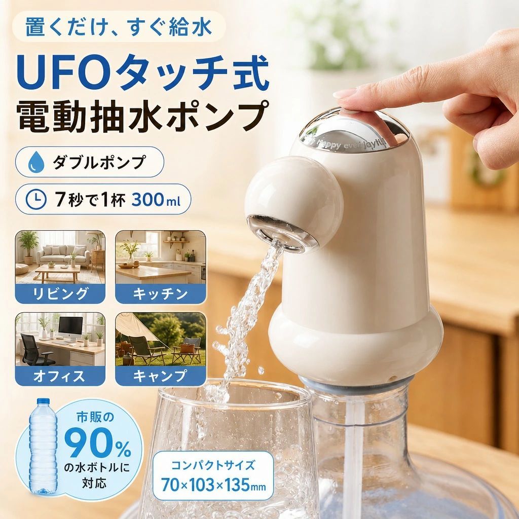【省スペース】UFOタッチ式 ミニ電動抽水ポンプ ダブルポンプ ABS製 70103135mm 乳白薄緑 ボトル水対応 ミニサイズ 飲み水用 卓上の水汲みに 家庭用オフィス用 置き型 コンパクト ウォーターポンプUFOデザインのミニ給水ポンプ。乳白薄緑の2色で、卓上の水汲みを省スペース化給水ポンプ卓上ポンプ素材：abs注意事項ラッピング対応は行っておりません。予告なく仕様変更になる場合がございます。写真はイメージです。実際の商品と若干異なる場合がございます。商品のサイズは採寸方法によって、若干な誤差が生じる場合はあります。ご了承ください。