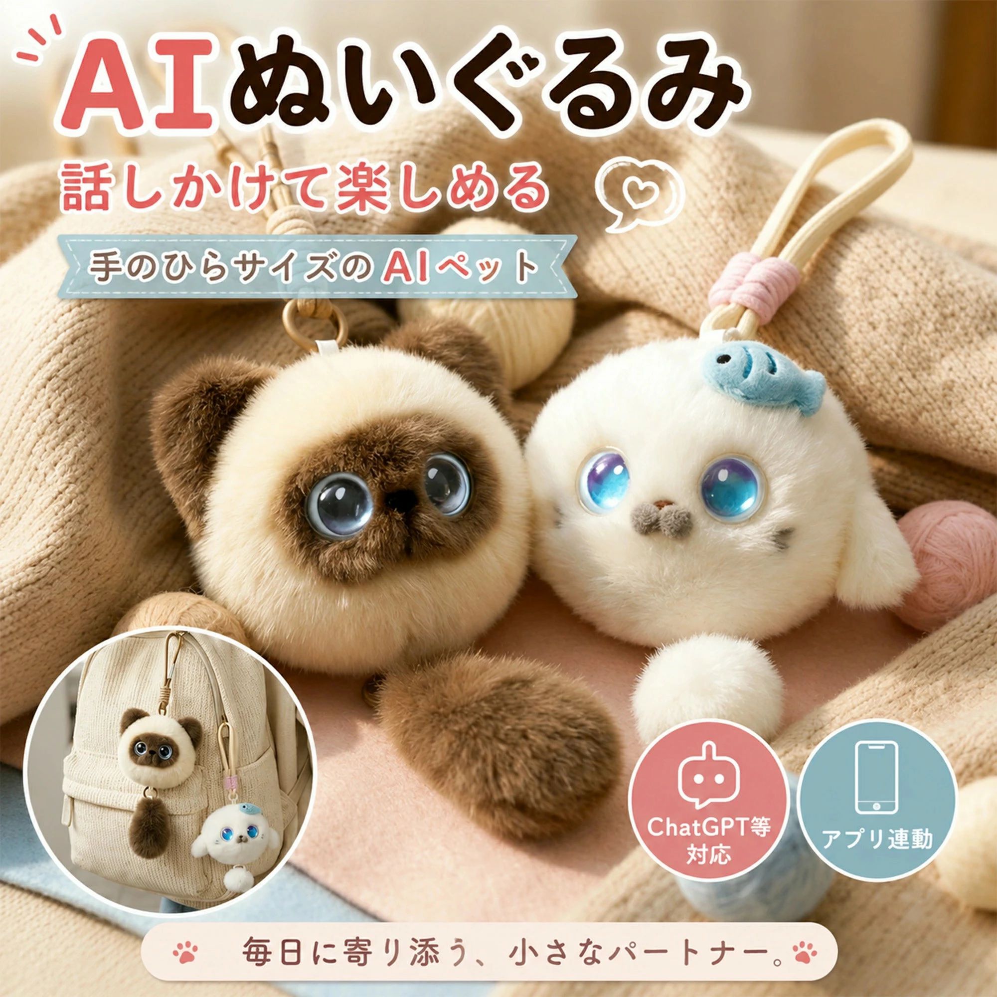 話しかけて楽しめる次世代AIぬいぐるみ AI技術を搭載した、手のひらサイズの会話型ぬいぐるみ。 固定された音声だけではなく、話しかけた内容に合わせたコミュニケーションを楽しめます。 毎日の会話相手として、デスク周りの癒しアイテムとして、家族のような存在を目指した新しいAIペットです。 ChatGPT・Grok等のAIモデル対応 専用アプリ「Tuya Smart」と連携することで、AI会話やキャラクター設定を楽しめます。 日常会話や質問など、さまざまなコミュニケーションをサポートします。 ※使用にはスマートフォン、アプリ設定、2.4GHz Wi-Fi環境が必要です。 最大88言語対応で語学学習にも 日本語だけでなく、英語など多言語にも対応。 お子様が自然に外国語へ触れるきっかけ作りにもおすすめです。 ※対応言語数は使用環境やアプリ設定により異なる場合があります。 タッチ反応でさらに楽しい 頭をなでたり触れたりすると反応するタッチ機能を搭載。 会話だけではなく、触れ合いによる楽しさも感じられるAIぬいぐるみです。 ふわふわ素材＆持ち運び便利 柔らかなポリエステル素材とPP綿を採用。 手のひらサイズなので、お部屋・車内・バッグチャームなど様々な場所で活躍します。 Type-C充電式＆繰り返し使用可能 1200mAhバッテリー内蔵。 USB Type-C充電対応で、乾電池交換の手間なく便利に使用できます。 商品仕様 商品名：しゃべる次世代AIペット 種類：アザラシ / シャム猫 サイズ：約 幅10cm × 高さ12cm × 奥行10cm 素材：ポリエステル、プラスチック、電子部品 中綿：PP綿 バッテリー容量：1200mAh 充電方式：USB Type-C 通信方式：Wi-Fi / Bluetooth / アプリ連携 対応アプリ：Tuya Smart AIモデル：ChatGPT、Grok等 対応言語：最大88言語 プレゼントにもおすすめ 誕生日、クリスマス、入学祝いなどのギフトにぴったり。 お子様の知育玩具として、大人の癒しグッズとして、幅広い世代におすすめです。 安心の1年間保証 ご購入後も安心してご使用いただけるよう、1年間保証付き。 商品についてご不明点がございましたらお気軽にお問い合わせください。 キーワード AIペット AIぬいぐるみ しゃべるぬいぐるみ 会話ロボット AIロボット 音声認識 AI会話 知育玩具 子供おもちゃ 英語学習 語学学習 癒しグッズ ペットロボット コミュニケーション玩具 スマート玩具 アザラシぬいぐるみ 猫ぬいぐるみ かわいいプレゼント 誕生日プレゼント クリスマスプレゼント 子供の日 高齢者ギフト Bluetooth対応 WiFi対応 Tuya Smart 多言語対応 音声操作 タッチセンサー バッグチャーム 癒し玩具 メーカー希望小売価格はメーカーサイトに基づいて掲載しています